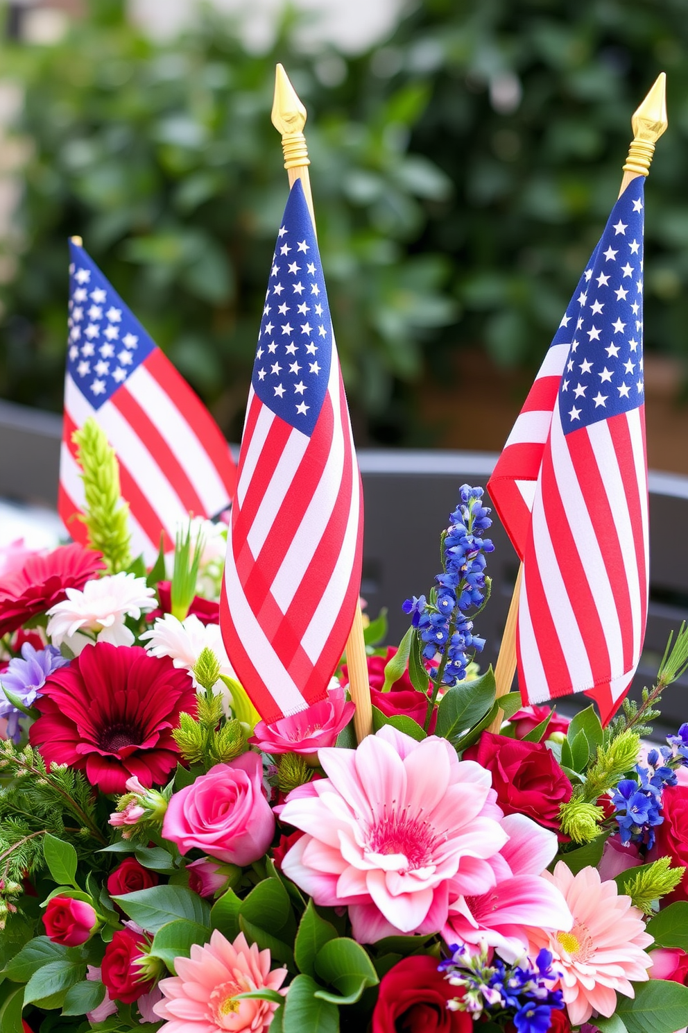 Tabletop flags are elegantly arranged within vibrant flower displays, celebrating the spirit of Memorial Day. The flags, in red white and blue, stand proudly among lush greenery and seasonal blooms, creating a festive and patriotic centerpiece.