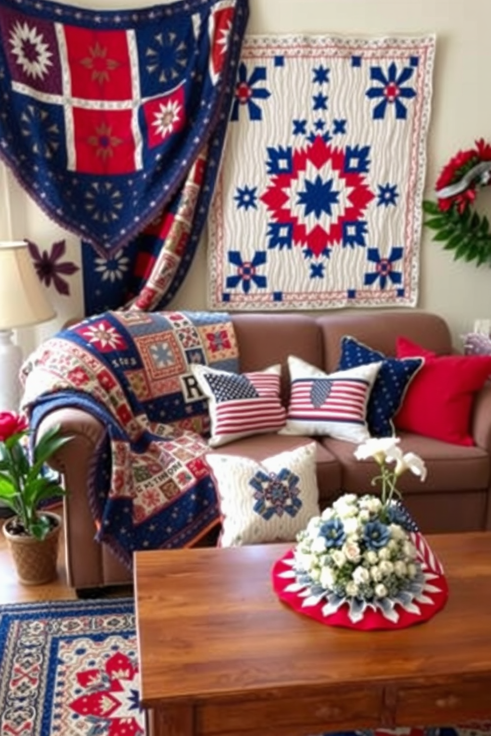 Create a cozy seating area adorned with colorful quilts. The quilts are draped over a plush sofa, inviting warmth and comfort to the space. Incorporate festive Memorial Day decorations throughout the room. Red white and blue accents are featured in throw pillows and table centerpieces.