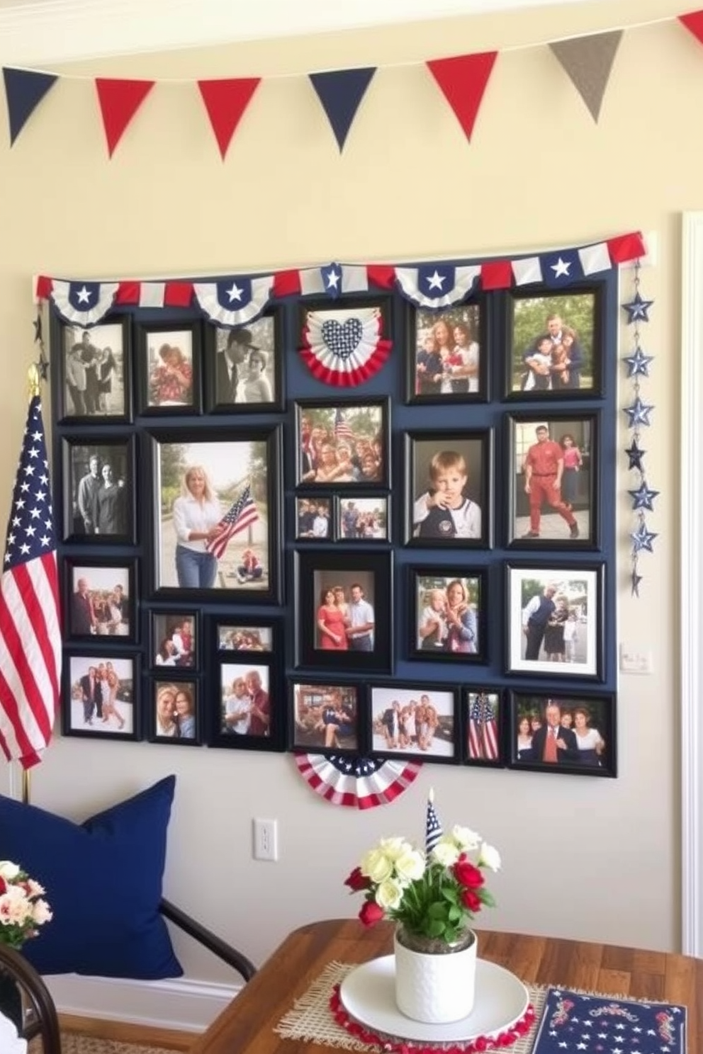 A Memorial Day themed photo wall features a collection of framed photographs showcasing family gatherings and patriotic moments. The backdrop is adorned with red white and blue decorations including stars and stripes to celebrate the holiday. For Memorial Day decorating ideas consider using a mix of fresh flowers in vibrant colors and decorative elements like flags and banners. Incorporate themed table settings and cozy seating arrangements to create a welcoming atmosphere for gatherings.