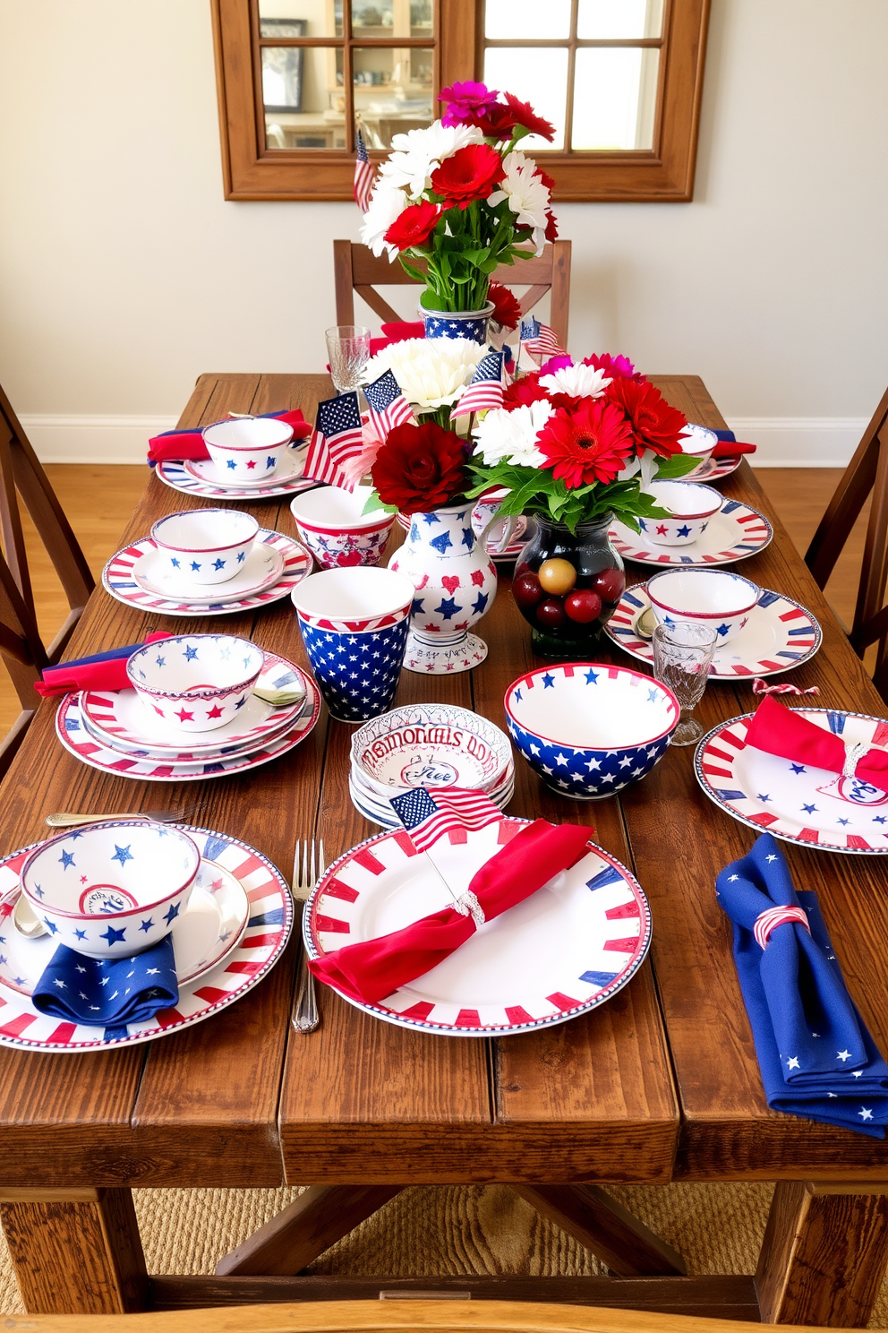 A collection of patriotic dishware is beautifully arranged on a rustic wooden table, featuring red, white, and blue patterns that celebrate Memorial Day. The table is set with matching napkins and centerpieces made of fresh flowers in vibrant hues, creating a festive atmosphere for the gathering.