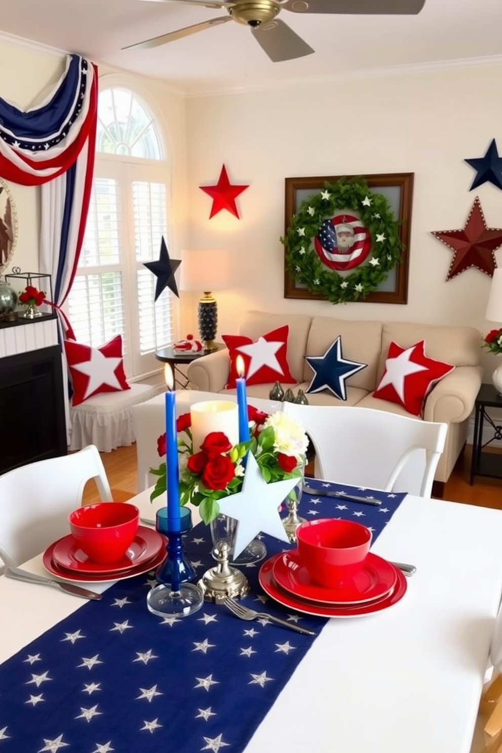 A vibrant living room adorned with star shaped decorative accents celebrating Memorial Day. The walls are draped in red white and blue fabrics while star shaped pillows add a festive touch to the seating area. A beautifully arranged dining table features a table runner with star motifs and red white and blue dinnerware. Centerpieces of star shaped candles and fresh flowers create a warm inviting atmosphere for the holiday.