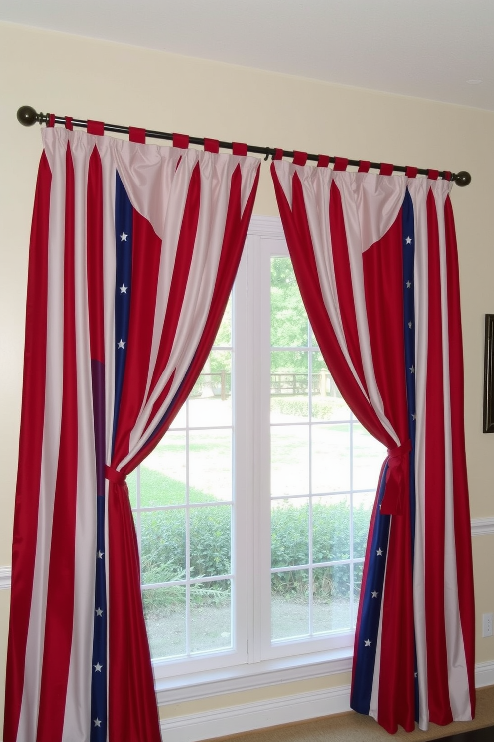 A set of elegant curtains in vibrant red, white, and blue fabrics drapes gracefully over a large window, creating a festive atmosphere. The curtains feature a subtle pattern of stars and stripes, perfectly complementing the patriotic theme for Memorial Day celebrations. In the room, a decorative rod with ornate finials holds the curtains in place, enhancing the overall aesthetic. Soft natural light filters through the fabric, casting a warm glow that highlights the festive decor throughout the space.