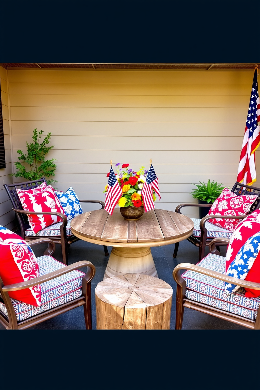 Outdoor seating area featuring comfortable chairs adorned with festive cushions in red, white, and blue patterns. A rustic wooden table sits in the center, decorated with a vibrant floral arrangement and small American flags for a patriotic touch.