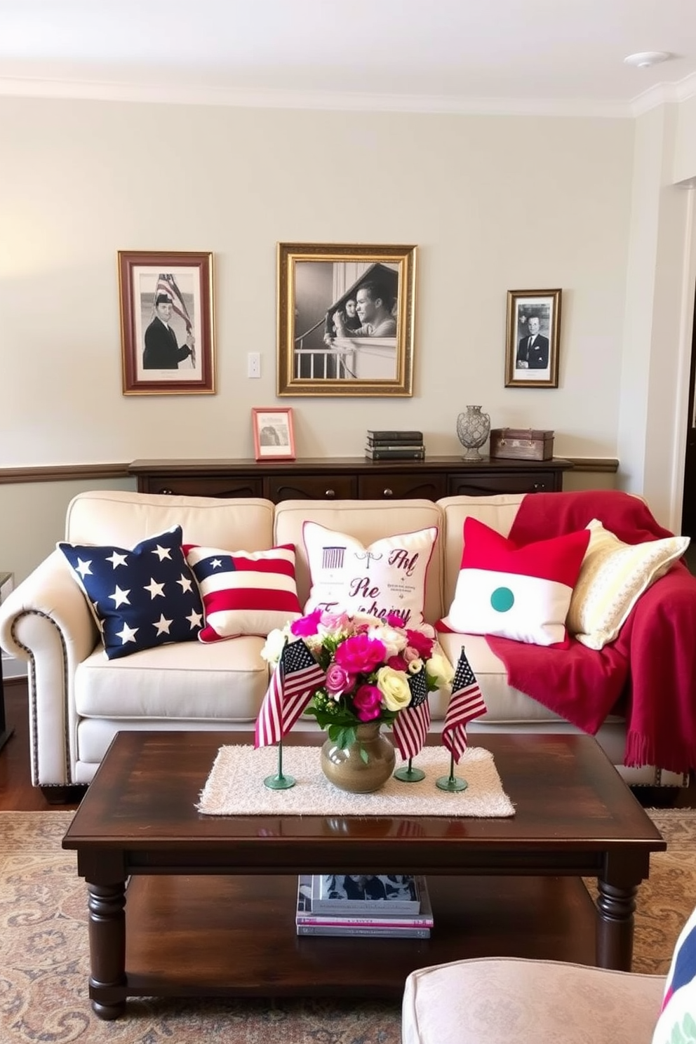 Create a cozy living room scene featuring a comfortable sofa adorned with patriotic throw pillows in red white and blue. The pillows should showcase various designs such as stars stripes and subtle flag motifs to celebrate Memorial Day. Include a coffee table in front of the sofa decorated with seasonal accents like small American flags and a vase of fresh flowers. The room should have a warm inviting atmosphere with soft lighting and a few framed photographs of past Memorial Day celebrations on the walls.