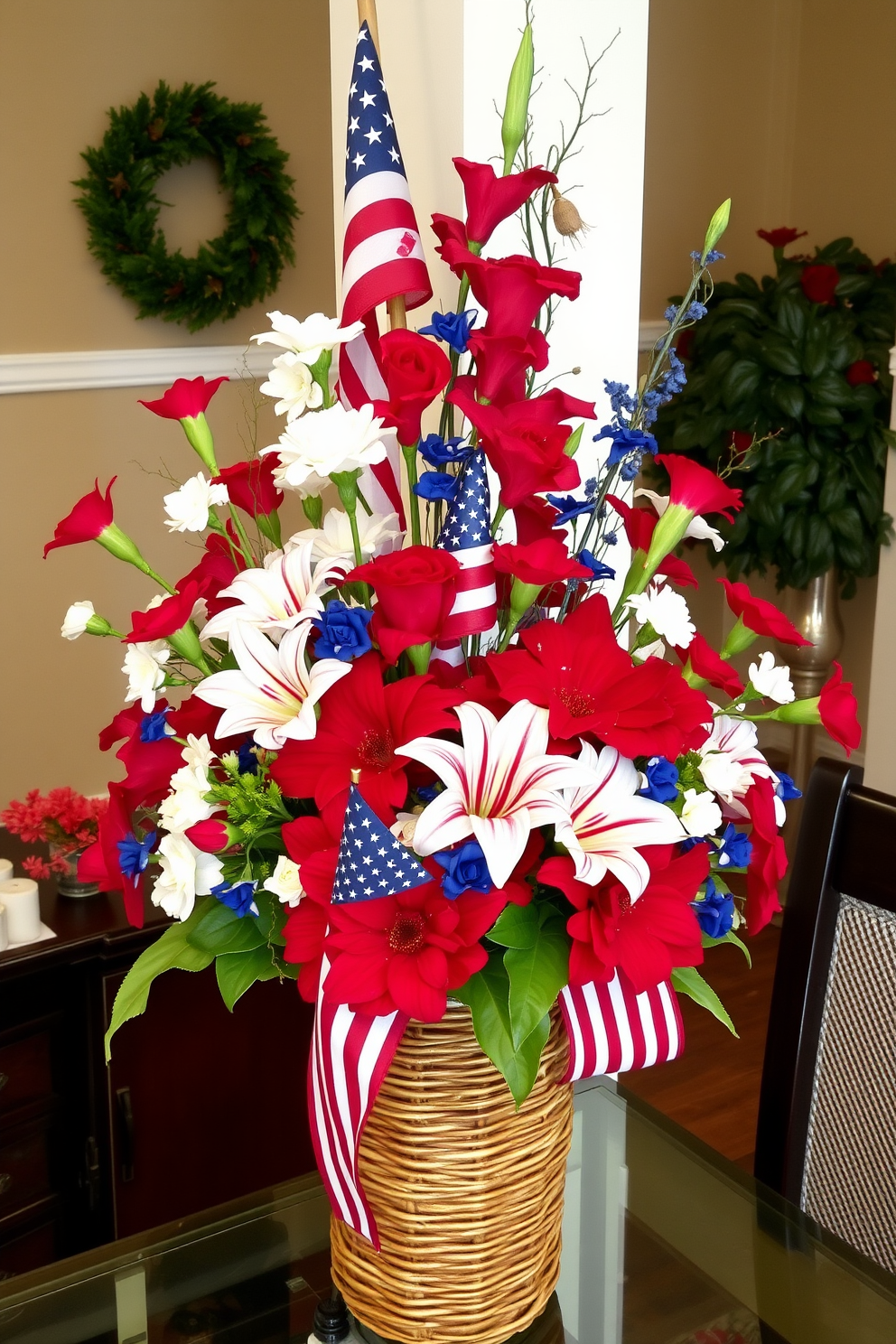 Create a festive display featuring decorative bowls filled with vibrant red white and blue candies. Arrange the bowls on a rustic wooden table surrounded by small American flags and seasonal flowers for a cheerful Memorial Day celebration.