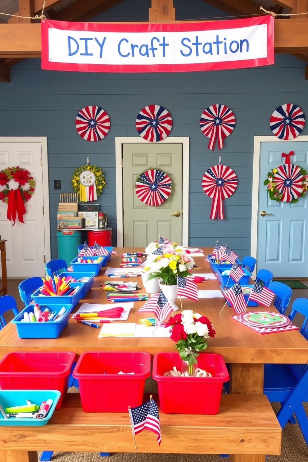 A vibrant DIY craft station for kids activities features a large wooden table covered with colorful craft supplies. Brightly colored bins hold markers, paper, scissors, and glue, while a cheerful banner hangs overhead celebrating creativity. Memorial Day decorating ideas include a patriotic color scheme of red, white, and blue throughout the space. Festive wreaths made of stars and stripes adorn the doors, and tables are set with themed centerpieces featuring miniature flags and seasonal flowers.