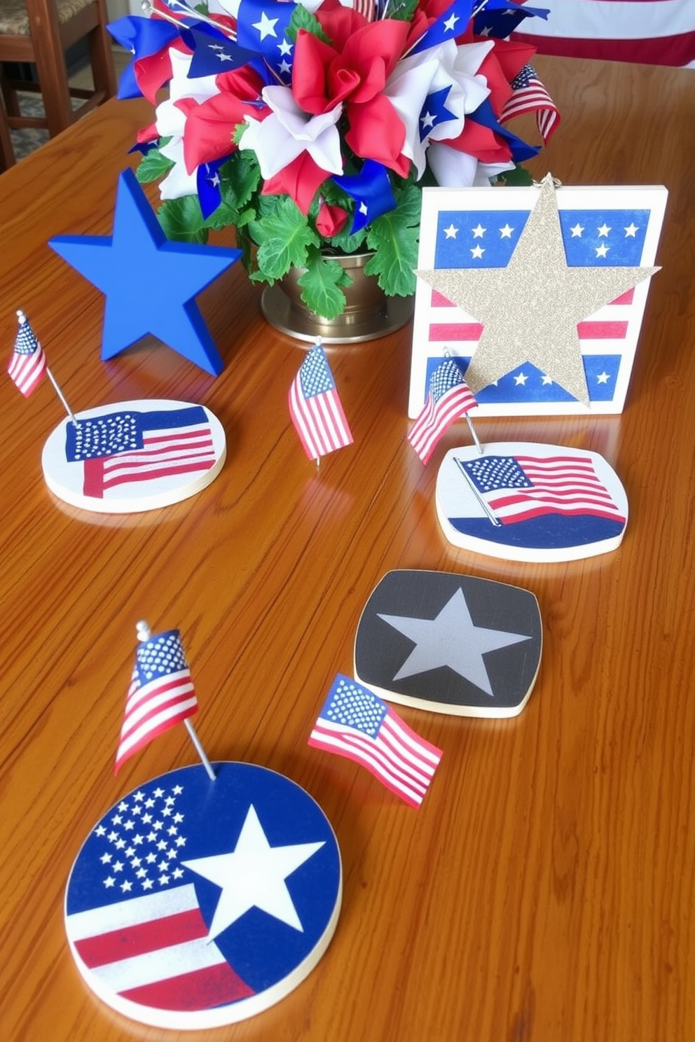 A dining table adorned with a star patterned tablecloth in vibrant red, white, and blue hues. Surrounding the table are elegant white chairs, each with a small American flag placed on the seat as a festive touch. The centerpiece features a rustic wooden box filled with fresh flowers in patriotic colors. Flickering candles in glass holders add a warm glow to the inviting atmosphere.