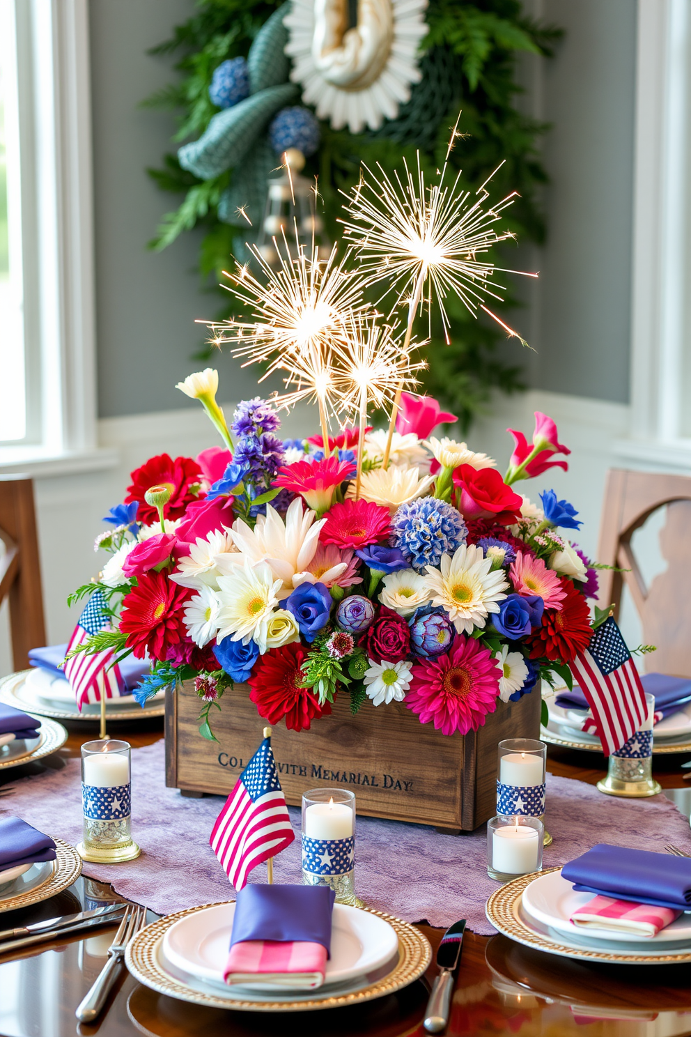 Create a vibrant book display that showcases a red white and blue theme for Memorial Day. Arrange the books in alternating colors with decorative elements like small flags and stars to enhance the patriotic spirit.