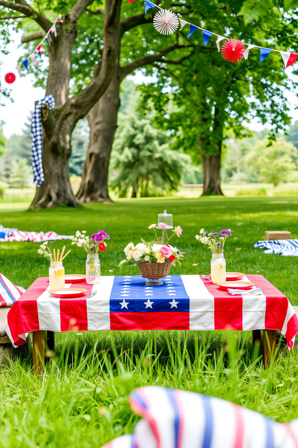 A welcoming entryway adorned with patriotic decor featuring a red white and blue color scheme. A large American flag hangs prominently on the wall while a rustic wooden bench is topped with a woven basket filled with seasonal flowers. Decorative lanterns in red and white sit on either side of the entryway adding a warm glow. A festive wreath made of stars and stripes adorns the front door inviting guests to celebrate the spirit of Memorial Day.