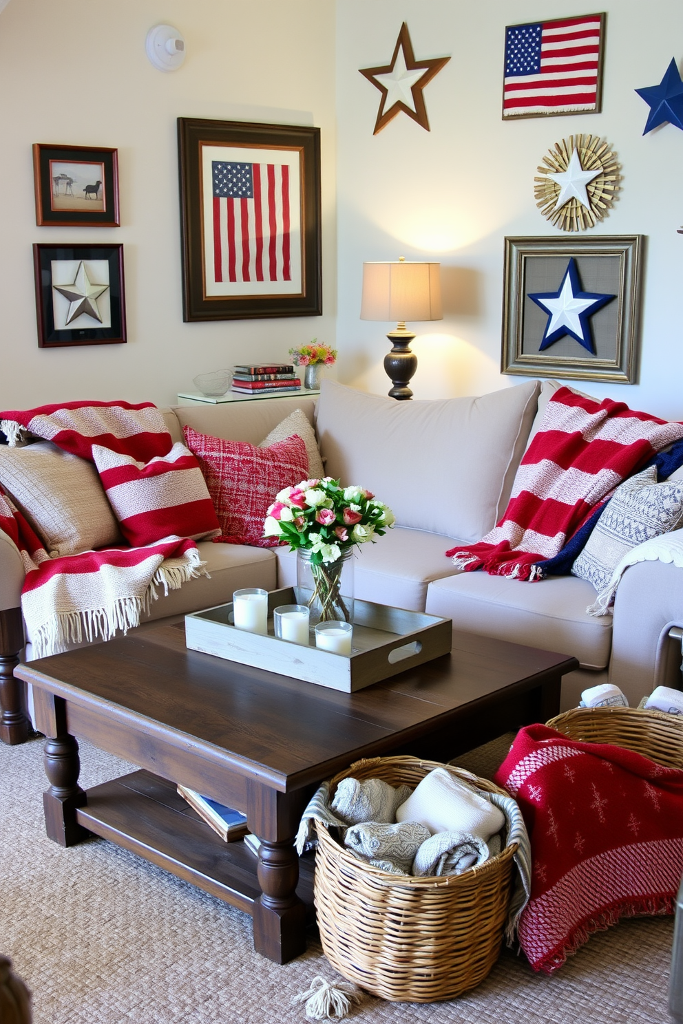 A cozy living room adorned with seasonal throw blankets in red, white, and blue hues draped over a plush sofa. The space features a rustic coffee table topped with a small vase of fresh flowers and a decorative tray holding candles, creating a warm and inviting atmosphere. Patriotic decorations are tastefully arranged throughout the room, including framed artwork depicting American flags and star motifs. A woven basket in the corner holds additional throw blankets, adding both functionality and charm to the decor.