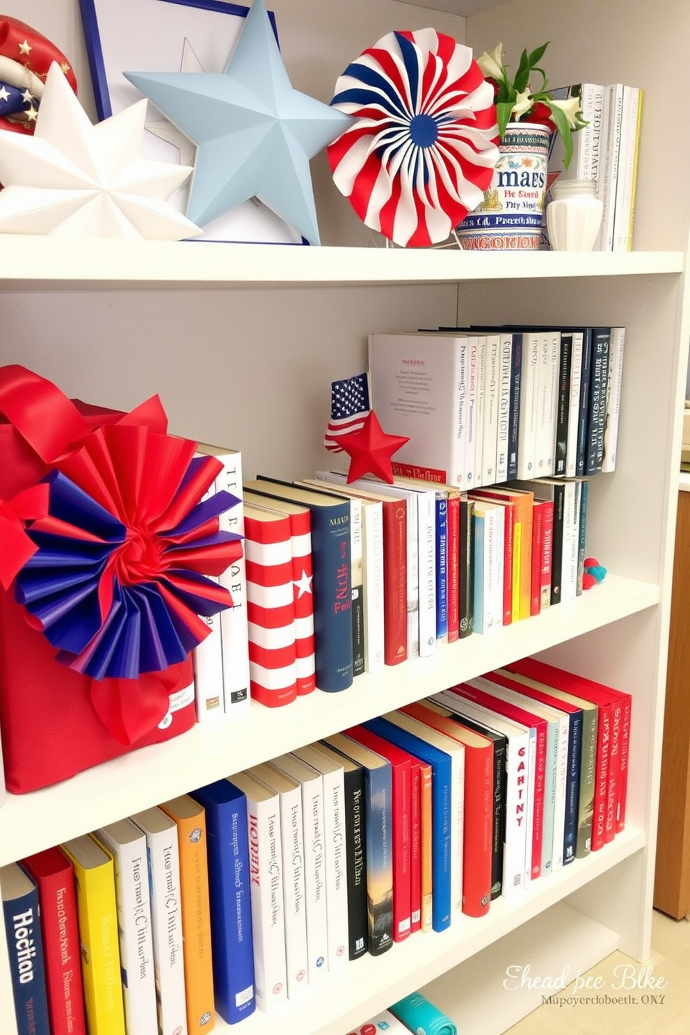 A vibrant kids room filled with patriotic themed wall decals featuring stars and stripes in red white and blue. The decals are playfully arranged on the walls alongside a cozy reading nook with a small bookshelf and a bean bag chair. The room is accented with decorative pillows and blankets in matching colors creating a festive atmosphere. A small desk with art supplies encourages creativity while celebrating the spirit of Memorial Day.