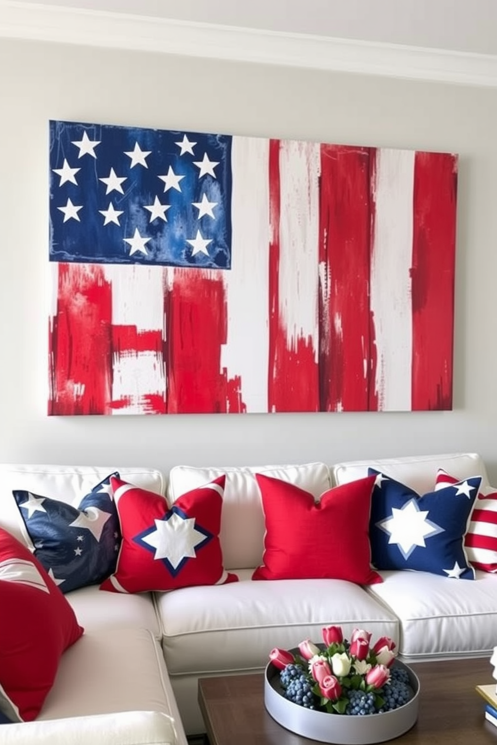 A vibrant living room adorned with a large star spangled banner wall hanging that serves as a focal point. The space features a cozy sectional sofa with red and white throw pillows, and a rustic coffee table topped with patriotic decor. A festive dining area set for a Memorial Day celebration, with a table draped in a blue tablecloth. Centered on the table is a floral arrangement of red, white, and blue blooms, surrounded by star-shaped place settings.