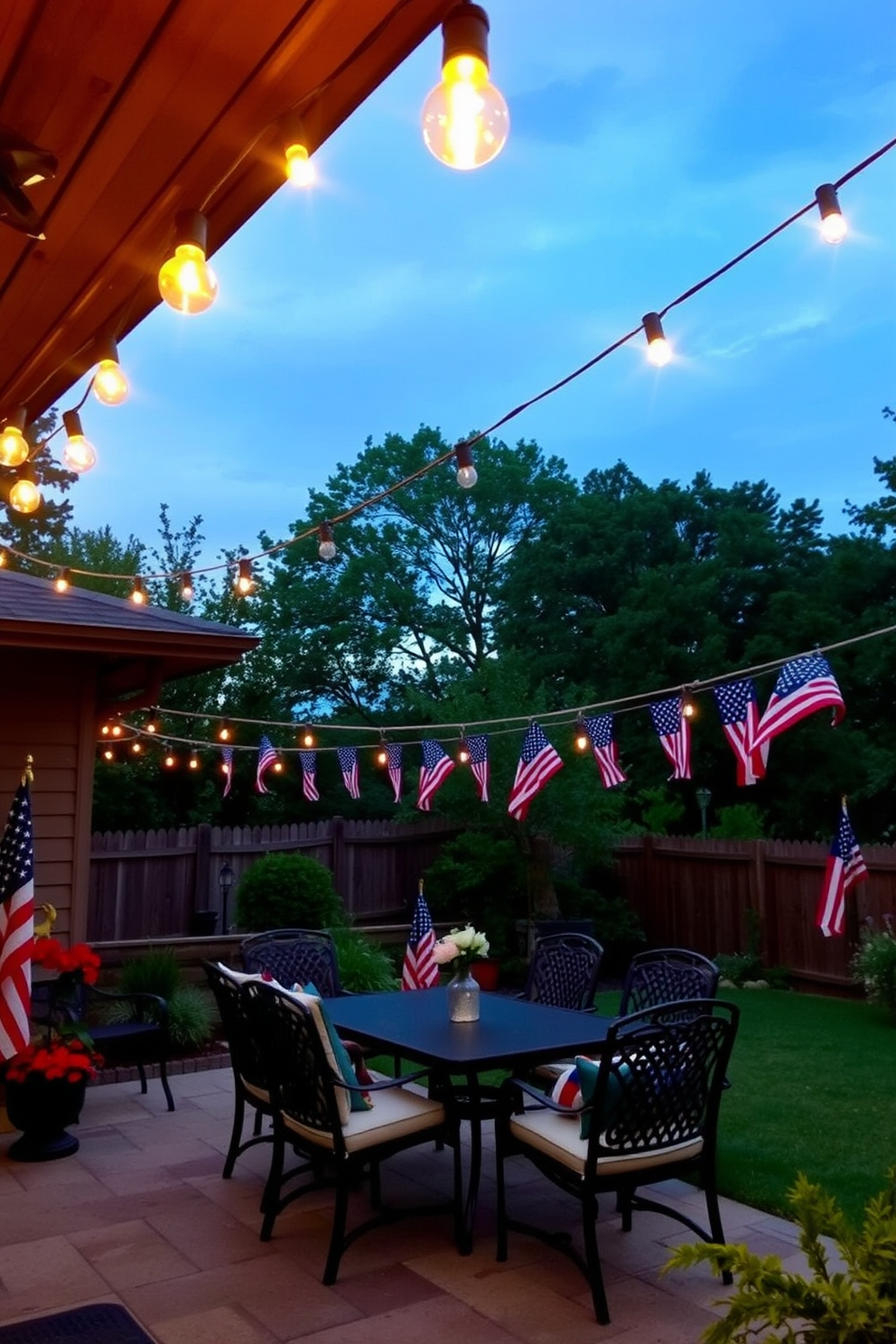 Outdoor string lights drape elegantly across a backyard patio, casting a warm and inviting glow. Colorful flags flutter gently in the breeze, adding a festive touch to the Memorial Day celebration.