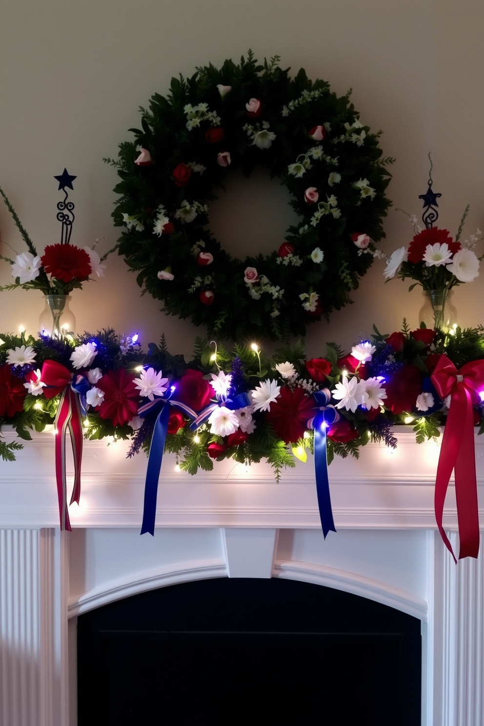 A festive garland drapes elegantly across the fireplace mantle, adorned with red white and blue flowers and ribbons. Twinkling fairy lights are interspersed throughout the garland, creating a warm and inviting glow for Memorial Day celebrations.