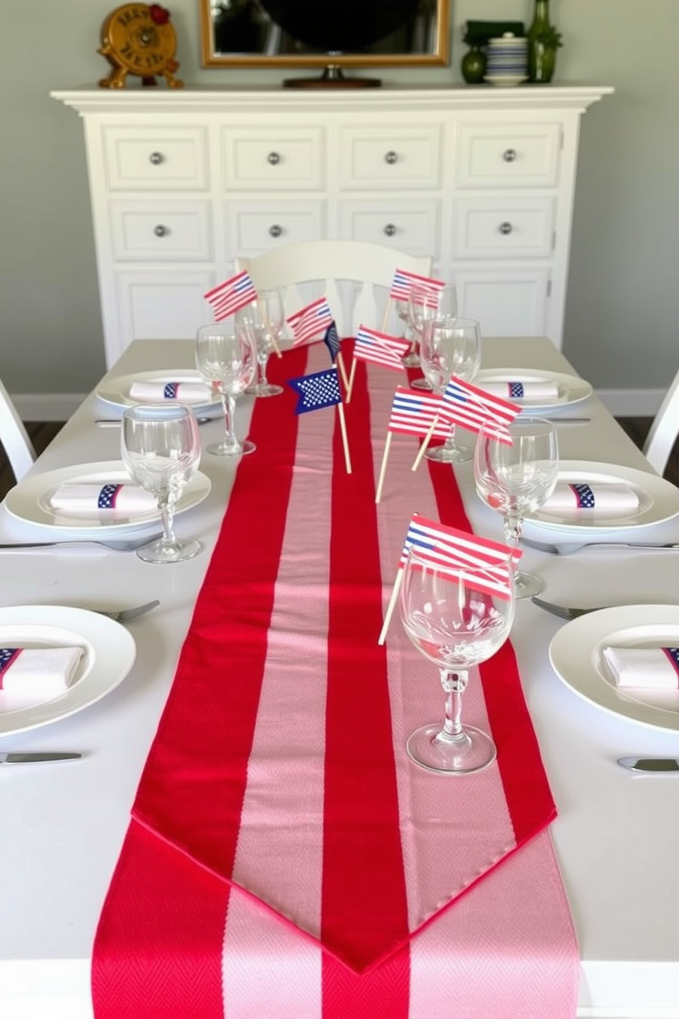 A festive dining table set for Memorial Day features a vibrant red white and blue table runner that stretches across the center. The table is adorned with white plates, sparkling glassware, and small decorative flags that add a patriotic touch to the setting.