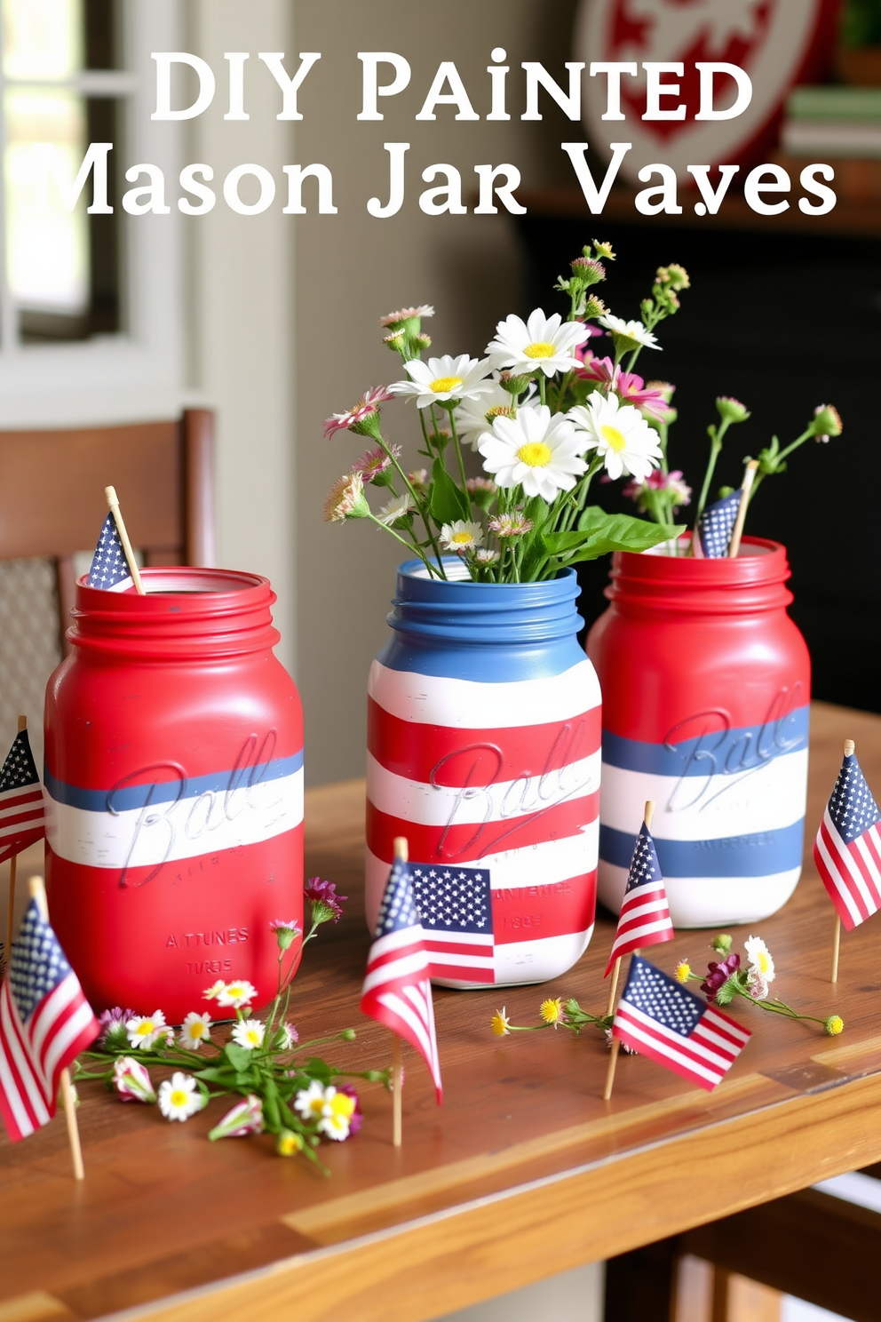 A festive table setting adorned with DIY patriotic centerpieces for Memorial Day. Each centerpiece features red white and blue flowers arranged in mason jars surrounded by small American flags and decorative stars. The table is draped with a crisp white tablecloth that enhances the vibrant colors of the decorations. Twinkling fairy lights are woven through the centerpieces adding a warm glow to the festive atmosphere.