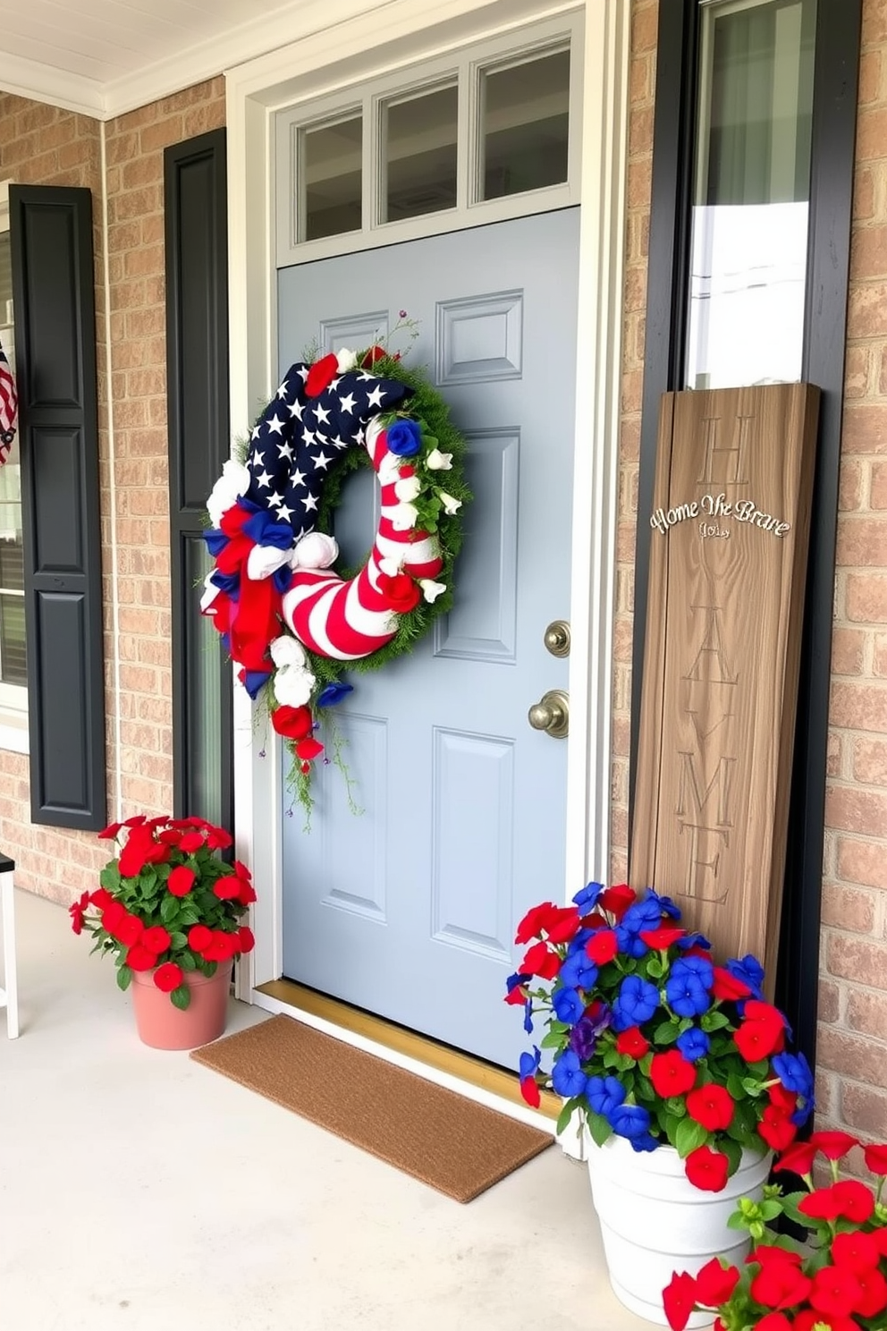 A vibrant American flag wreath adorns the front door, celebrating the spirit of Memorial Day. The wreath features red, white, and blue flowers intertwined with stars and stripes, creating a patriotic focal point for the entrance. Flanking the door, potted red geraniums and blue petunias add a festive touch to the porch. A rustic wooden sign with 