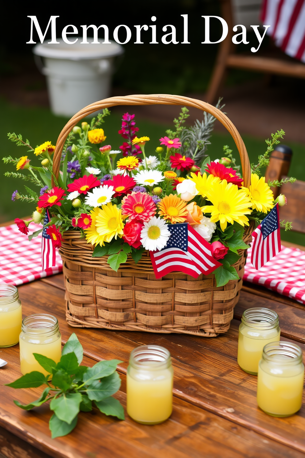 A festive Memorial Day table setting featuring a vibrant table runner adorned with red white and blue stripes. The table is beautifully arranged with white dinnerware and small American flags as centerpieces. Incorporate fresh flowers in shades of red and blue to enhance the patriotic theme. Add decorative candles in glass holders to create a warm and inviting atmosphere for your Memorial Day gathering.