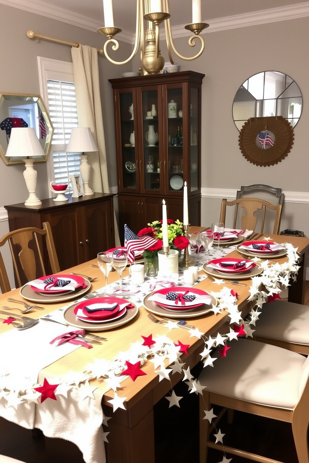 A charming dining room setting featuring a rustic wooden table adorned with DIY painted mason jars filled with vibrant flowers. The table is set with red, white, and blue tableware, creating a festive atmosphere for Memorial Day celebrations.