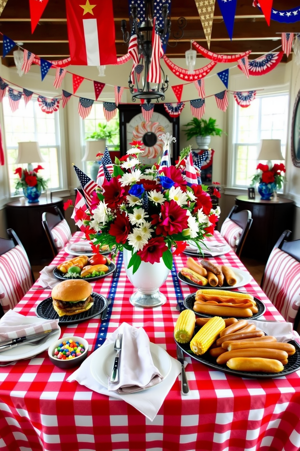 A festive dining room setting for Memorial Day. The table is beautifully set with a red and white checkered tablecloth, adorned with an array of grilled food including burgers, hot dogs, and corn on the cob. Colorful flags and patriotic decorations hang from the ceiling and walls. The centerpiece features a large vase filled with fresh flowers in red, white, and blue, creating a vibrant and inviting atmosphere.