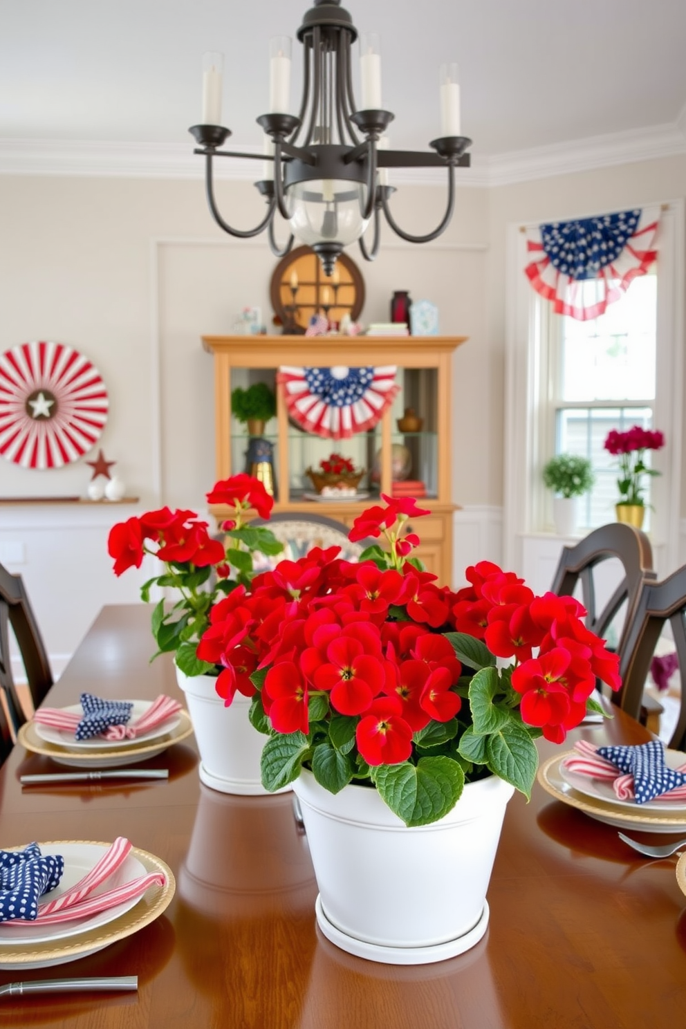 A dining room decorated for Memorial Day features a table adorned with a star spangled banner as the backdrop. The table is set with red white and blue tableware and fresh flowers in patriotic colors.