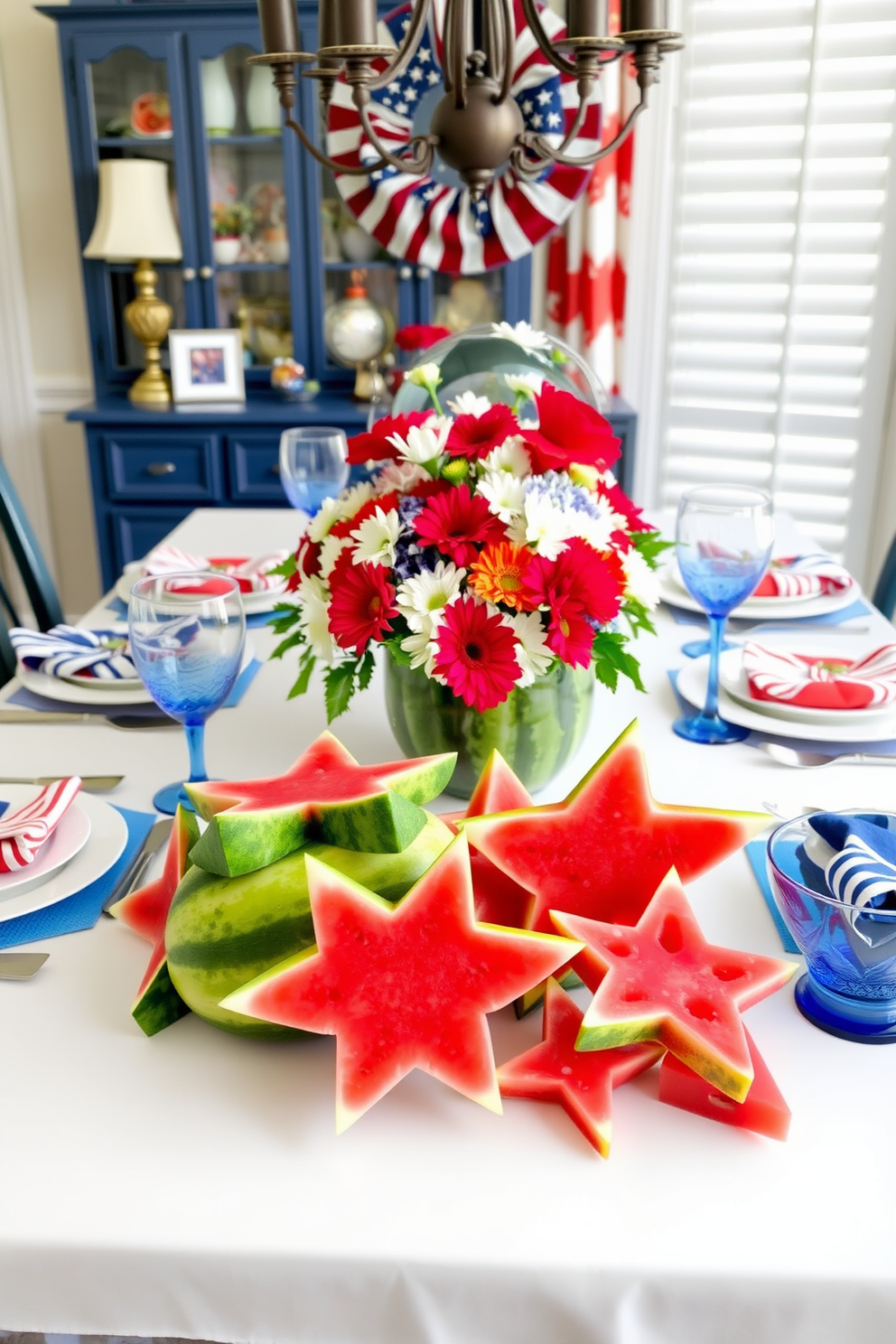 Create a festive dining room setting for Memorial Day featuring a table adorned with watermelon slices cut into star shapes. The table is set with red, white, and blue tableware, and a centerpiece of fresh flowers in patriotic colors adds a cheerful touch.