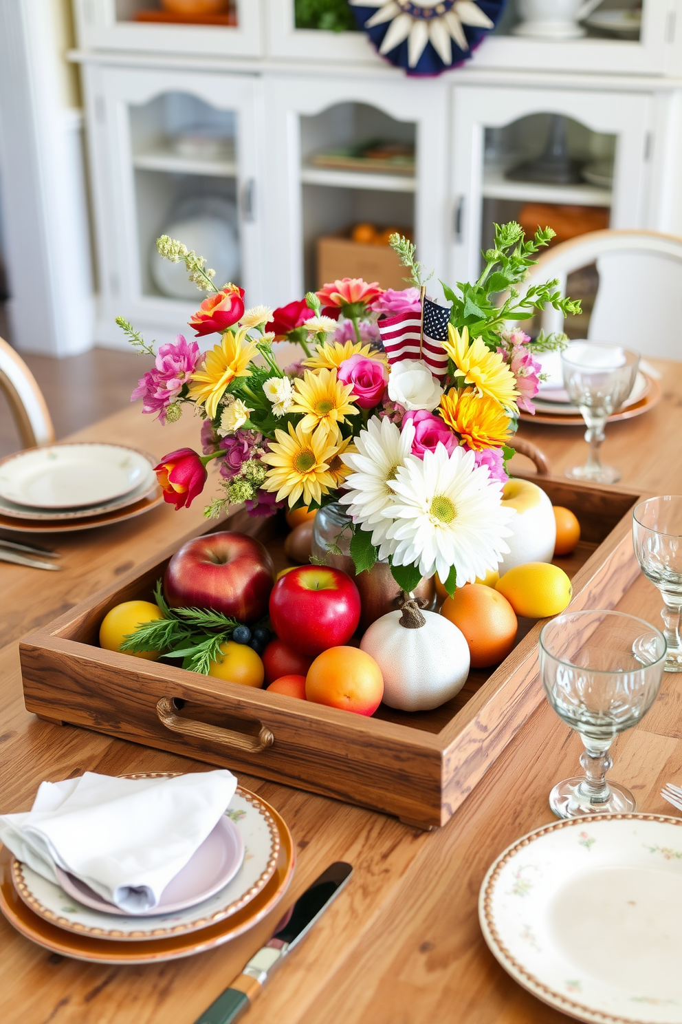 A rustic wooden tray is elegantly arranged on a farmhouse-style dining table, adorned with fresh seasonal flowers and vibrant fruits. Surrounding the tray, mismatched vintage plates and glasses create a charming, inviting atmosphere perfect for a Memorial Day gathering.