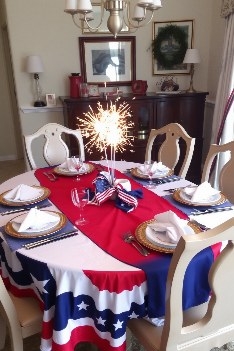 Create an inviting dining room setting for Memorial Day. The table is elegantly set with a white tablecloth and features red, white, and blue napkins folded in patriotic styles. In the center, a vibrant floral arrangement with daisies and roses adds a festive touch. Surrounding the table, rustic wooden chairs complement the decor, while string lights overhead create a warm ambiance.