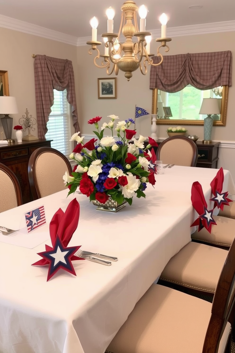 The dining room features a beautifully set table adorned with themed napkin rings designed with stars, evoking a festive atmosphere for Memorial Day. The table is dressed in a crisp white tablecloth, and the centerpiece includes a vibrant arrangement of red, white, and blue flowers, enhancing the patriotic theme.