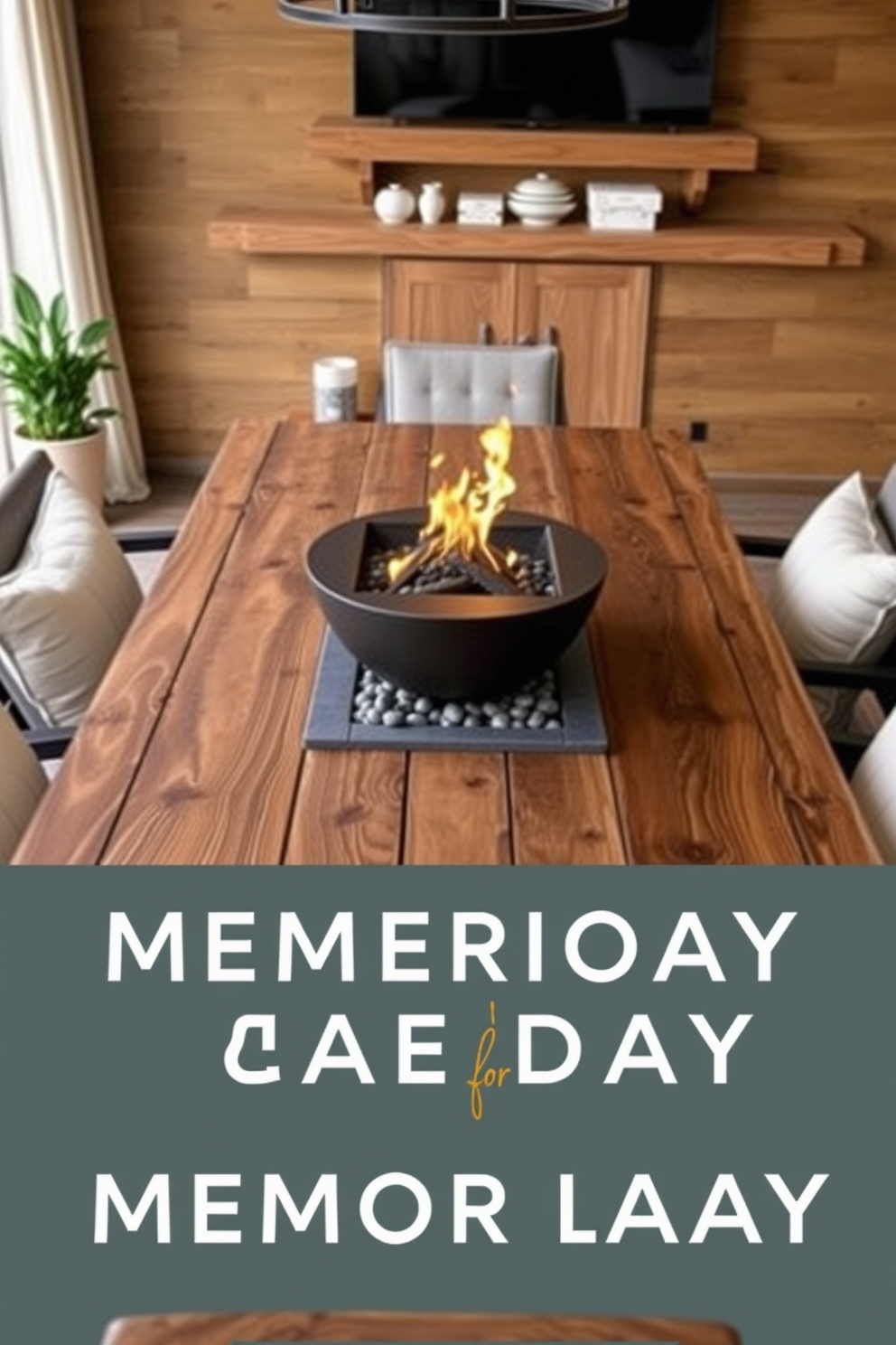 A stylish dining room features a modern tabletop fire pit at the center of a rustic wooden table. Surrounding the table are comfortable chairs with soft cushions, creating an inviting atmosphere for Memorial Day gatherings.