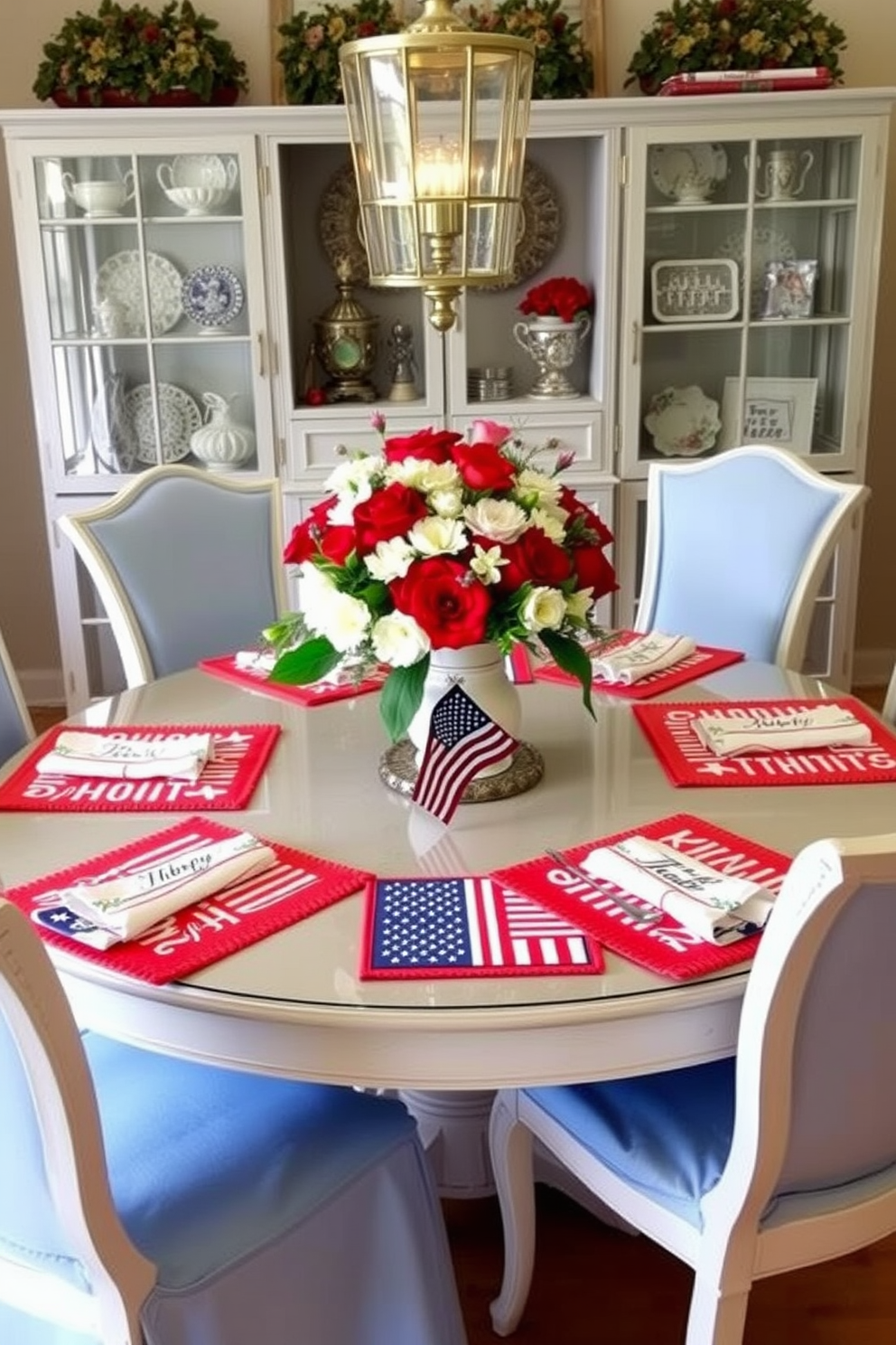 Create a patriotic themed dining room setting for Memorial Day. The table is set with vibrant red white and blue placemats and coasters featuring stars and stripes designs. Add a centerpiece of fresh flowers in red white and blue hues arranged in a rustic white vase. Surround the table with elegant chairs draped in light blue fabric for a cohesive look.