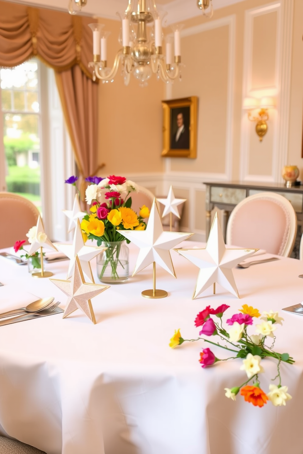 A dining room elegantly adorned with ceramic stars as table decorations. The table is set with a crisp white tablecloth, and the stars are strategically placed among fresh flowers in vibrant colors.