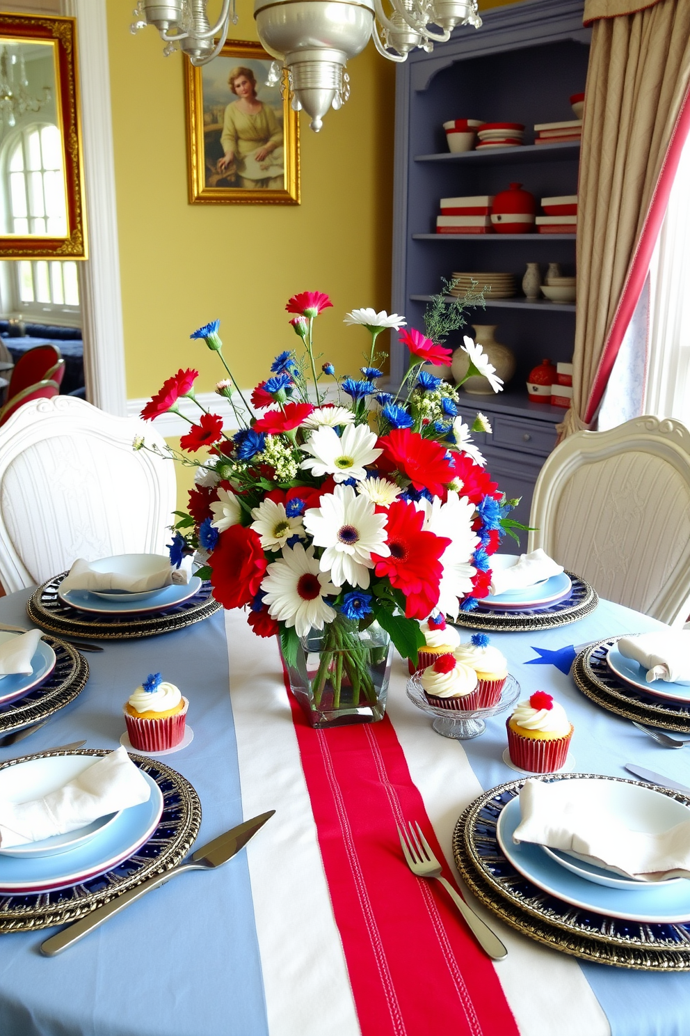 A vibrant dining room setting adorned with a festive display of red white and blue cupcakes. The table is elegantly set with a patriotic tablecloth and matching plates, while fresh flowers in red white and blue hues are arranged in the center.