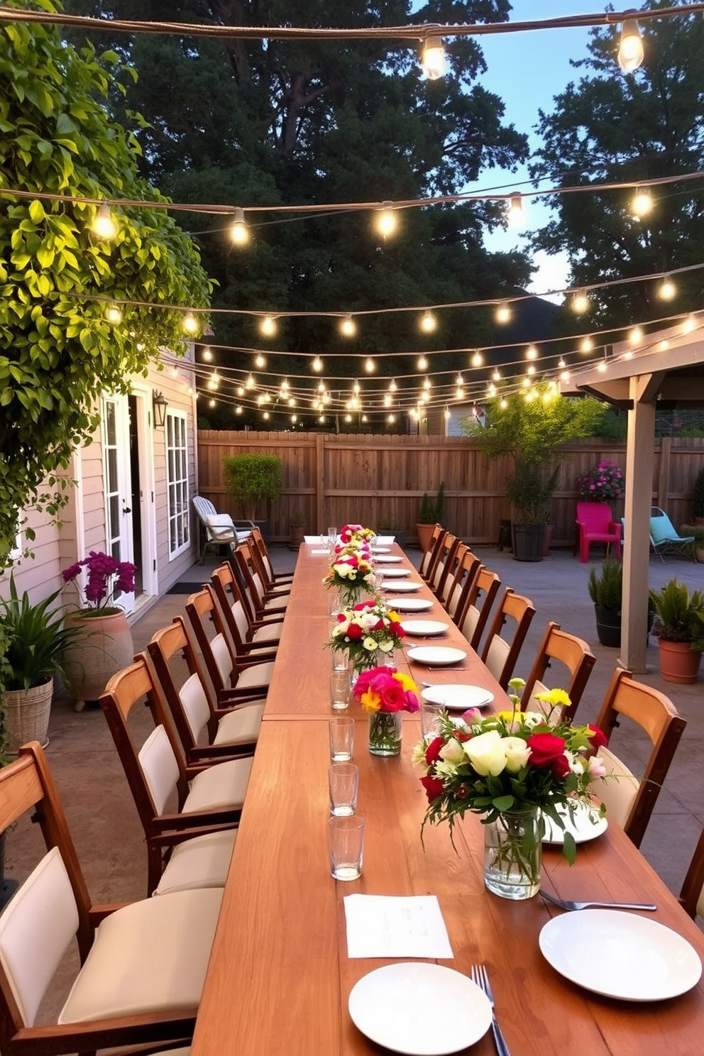 Outdoor dining with string lights creates a warm and inviting atmosphere perfect for summer gatherings. A long wooden table is set with white tableware and colorful floral centerpieces, surrounded by comfortable chairs. The string lights are draped overhead, casting a soft glow as the sun sets. Lush greenery and potted plants frame the dining area, enhancing the festive ambiance.