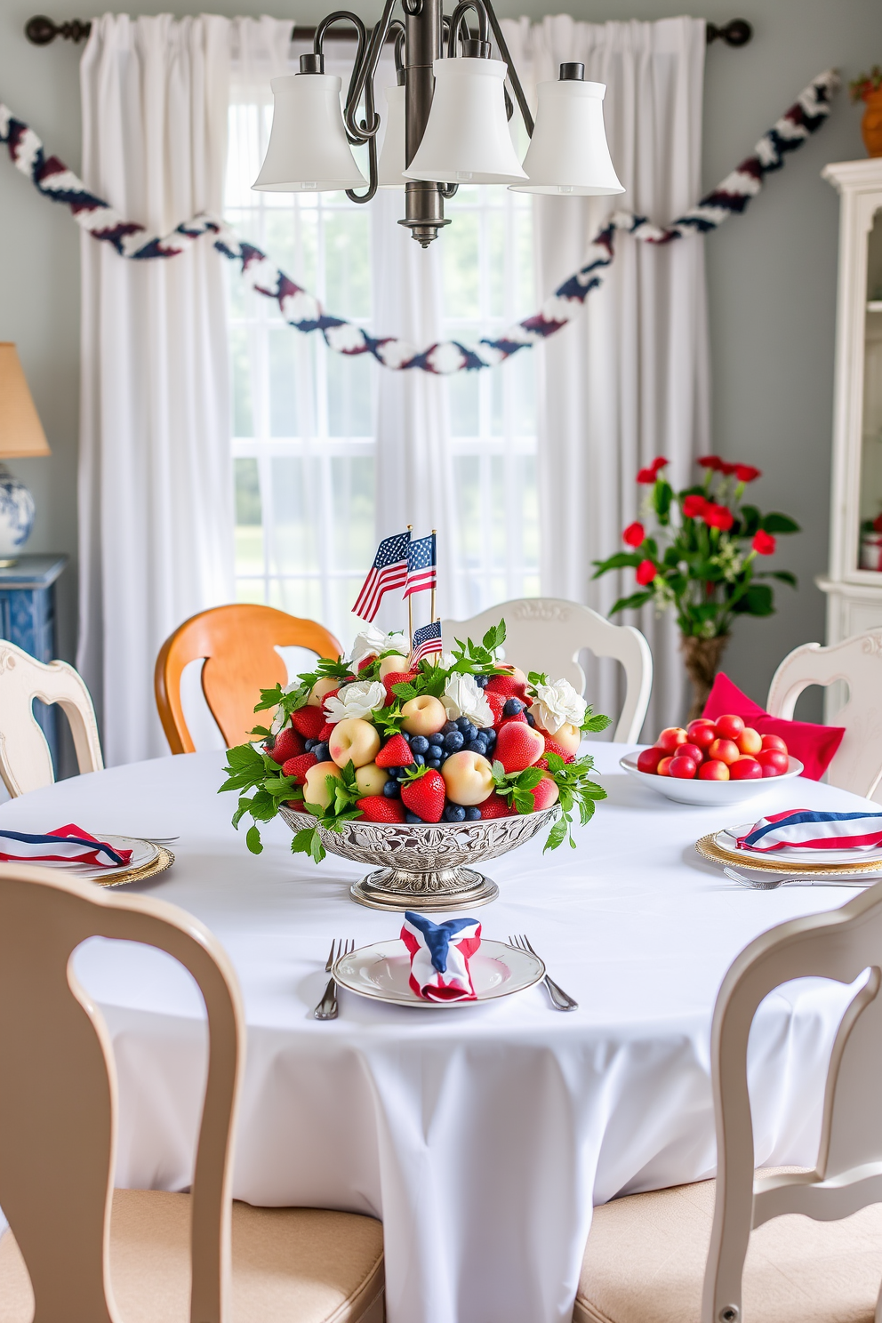 A beautifully set dining table adorned with burlap table runners featuring delicate lace trim. The table is surrounded by elegant wooden chairs, and a centerpiece of fresh flowers adds a touch of color to the Memorial Day theme.