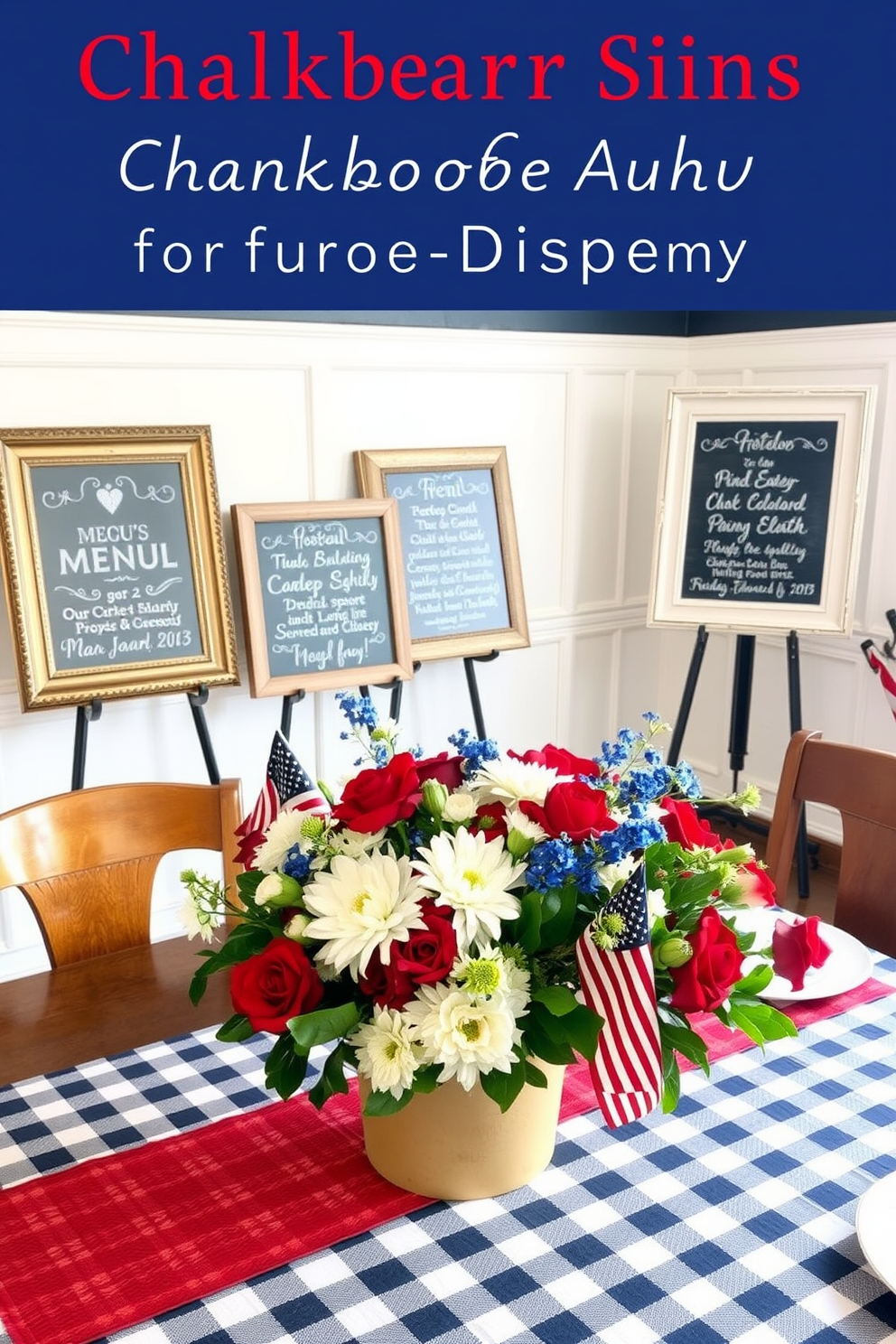 Chalkboard signs for menu display create a rustic and inviting atmosphere. The signs are elegantly framed and placed on easels around the dining area, showcasing the day's specials in beautiful handwritten fonts. Memorial Day dining room decorating ideas incorporate patriotic colors and seasonal elements. A centerpiece of fresh red, white, and blue flowers sits on a table adorned with a checkered tablecloth, complemented by themed tableware and festive accents.