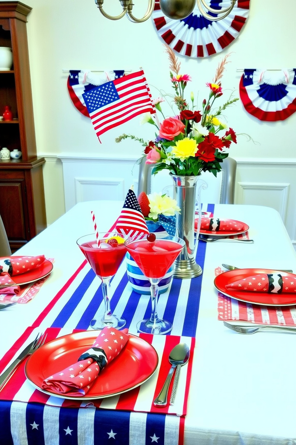 A festive dining room setting for Memorial Day featuring a beautifully set table adorned with a red and white checkered tablecloth. On the table, there are vibrant red white and blue cupcakes displayed on a decorative stand, surrounded by fresh flowers in patriotic colors. The walls are decorated with themed artwork and bunting, creating a cheerful atmosphere. Soft lighting enhances the cozy feel, inviting guests to enjoy a delightful holiday meal together.