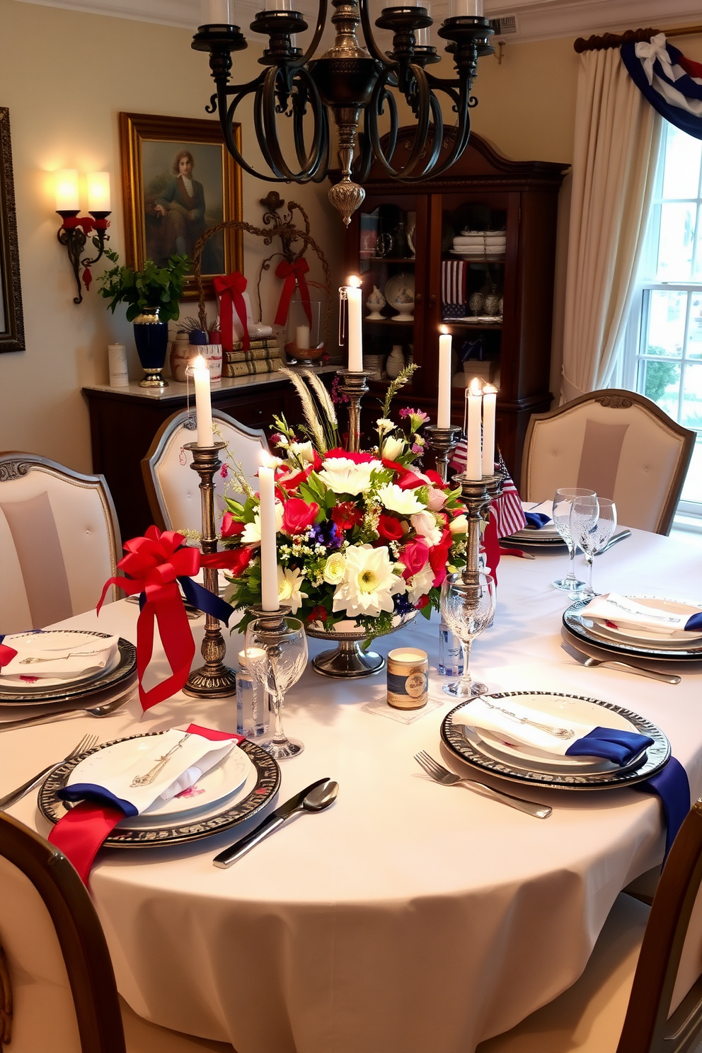 A festive dining room setting adorned with elegant table settings featuring vibrant ribbons in red white and blue. The table is beautifully set with fine china and crystal glassware complemented by fresh flowers and patriotic decor. The centerpiece showcases a stunning arrangement of seasonal blooms surrounded by decorative candles. Soft lighting enhances the warm ambiance creating a welcoming atmosphere for Memorial Day celebrations.