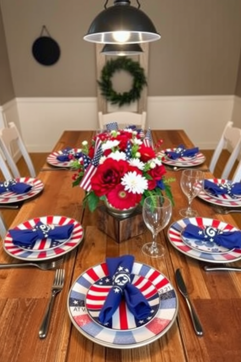 A patriotic themed dinnerware set is elegantly arranged on a rustic wooden dining table. The plates feature vibrant red, white, and blue designs, complemented by matching napkins and glassware. The table is adorned with a centerpiece of fresh flowers in patriotic colors, creating a festive atmosphere. Soft lighting from pendant fixtures enhances the warm and inviting feel of the Memorial Day celebration.