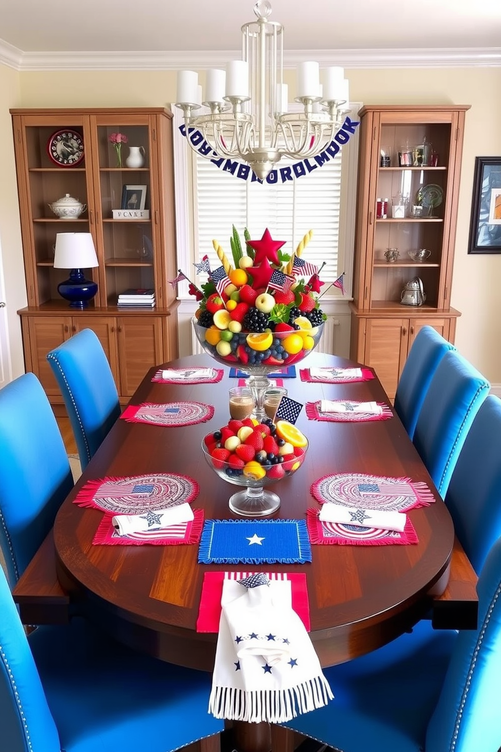 A vibrant dining room setting featuring a large wooden table adorned with an array of colorful fruit arrangements in elegant bowls. The walls are painted in a soft cream color, and the table is surrounded by upholstered chairs in a cheerful blue fabric. A festive centerpiece showcases a mix of seasonal fruits, such as strawberries, blueberries, and oranges, artfully arranged in a glass bowl. Surrounding the table, red, white, and blue accents celebrate Memorial Day, with decorative placemats and themed napkins enhancing the festive atmosphere.