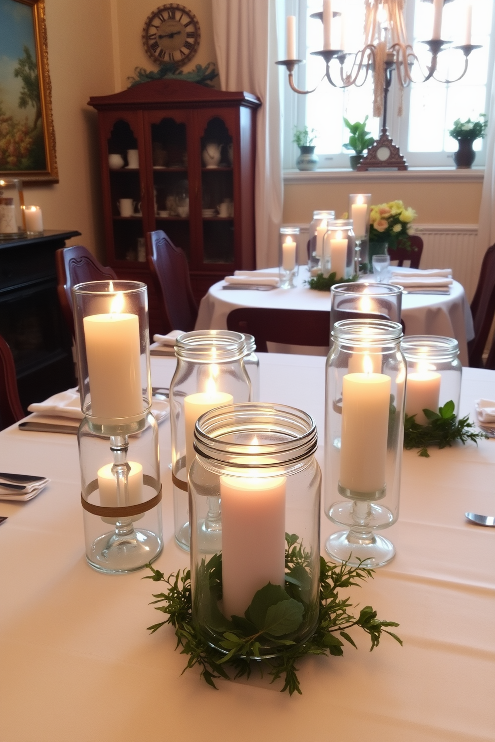 A charming dining room setting adorned with vintage glass jars filled with flickering candles. The table is elegantly set with a white tablecloth, and the jars are placed at varying heights to create an inviting ambiance.