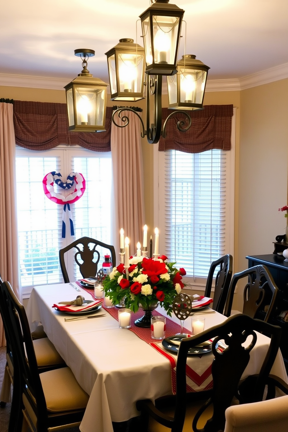 Create a warm and inviting dining room setting adorned with festive lanterns that cast a soft glow in the evening. The table is elegantly set with a white tablecloth, surrounded by comfortable chairs, and decorated with a centerpiece of fresh flowers and candles. Incorporate red, white, and blue accents throughout the decor to celebrate Memorial Day. Hang lanterns of various sizes from the ceiling and place smaller ones on the table to enhance the festive atmosphere.