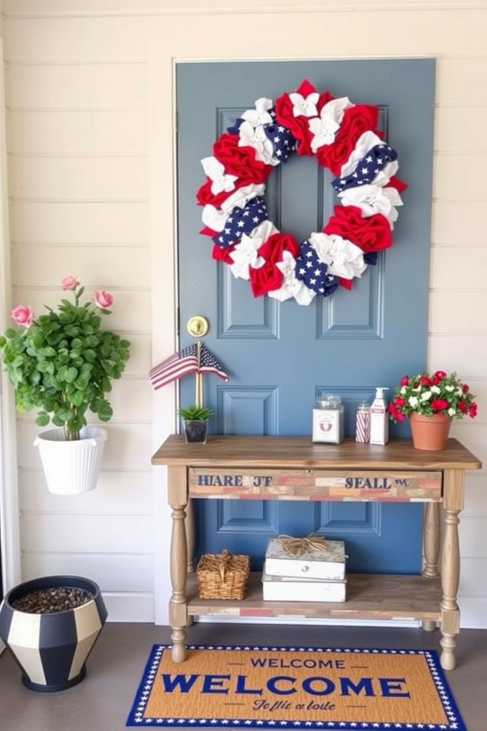 A patriotic wreath adorns the front door, featuring red white and blue flowers and ribbons that evoke the spirit of Memorial Day. The entryway is warmly inviting with a rustic bench and a small table displaying a framed photo of veterans surrounded by candles and small American flags.