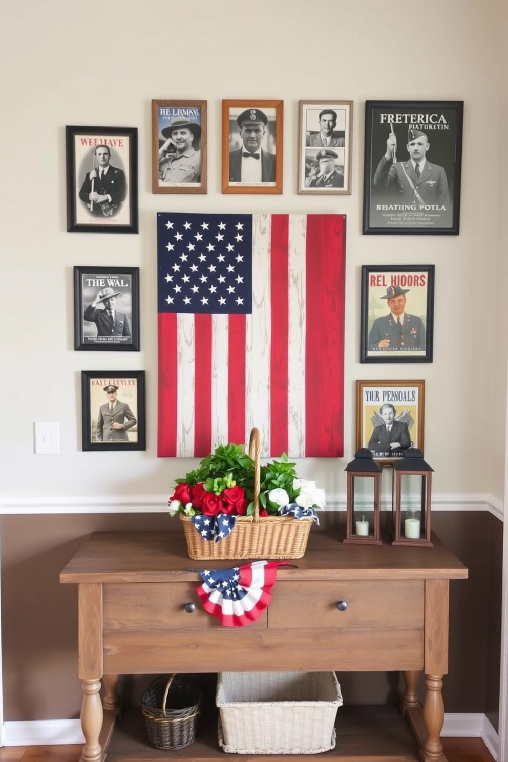 A patriotic themed wall art display featuring a large American flag canvas as the focal point. Surrounding the flag are framed photographs of military heroes and vintage wartime posters, all arranged in a cohesive gallery style. The entryway is decorated with a rustic console table topped with red white and blue accents. A woven basket filled with faux flowers and a small potted plant sit beside a decorative lantern, creating a warm and inviting atmosphere.