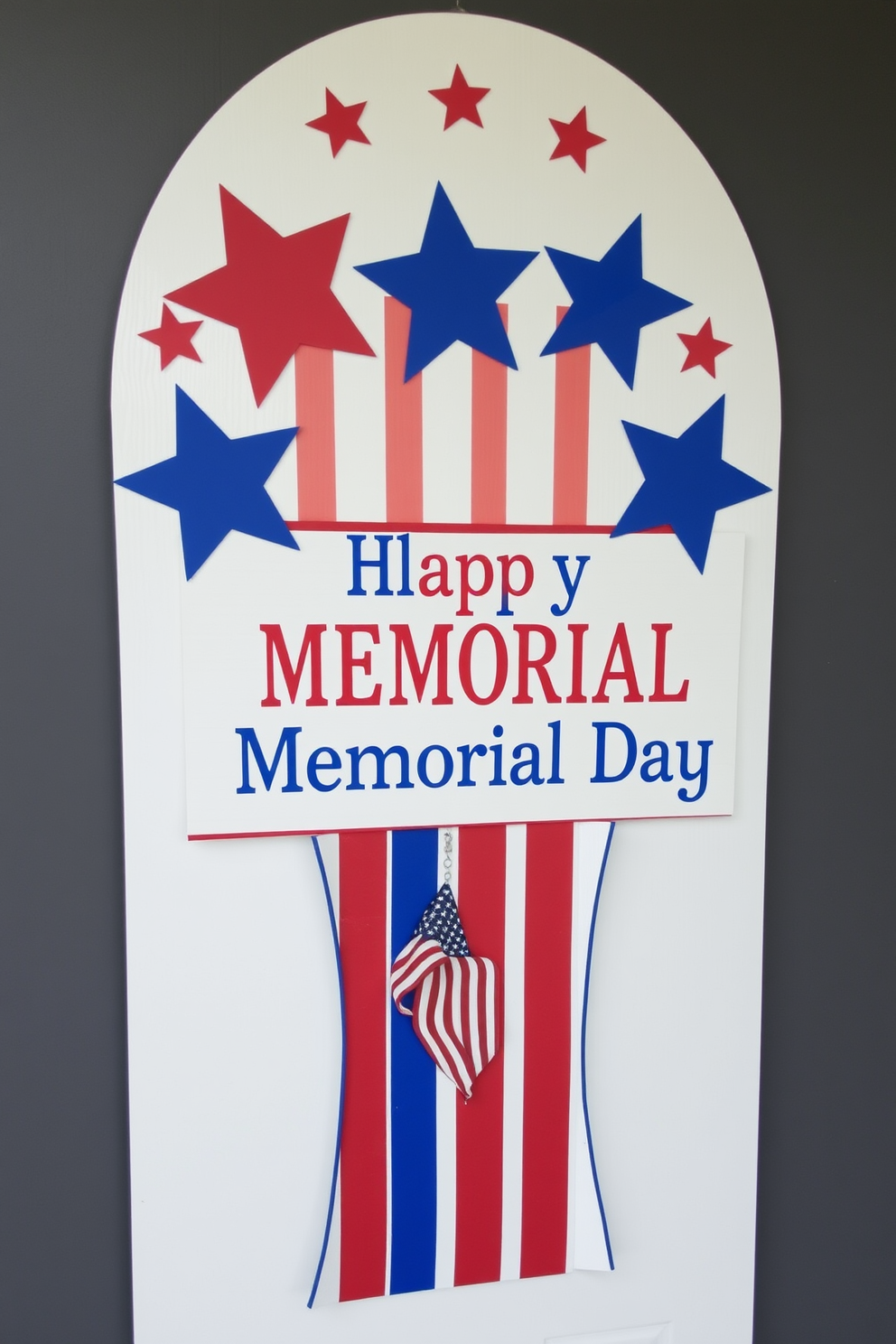 A seasonal door sign featuring stars and stripes celebrates Memorial Day. The sign is adorned with red white and blue colors and includes patriotic symbols like stars and a small American flag.