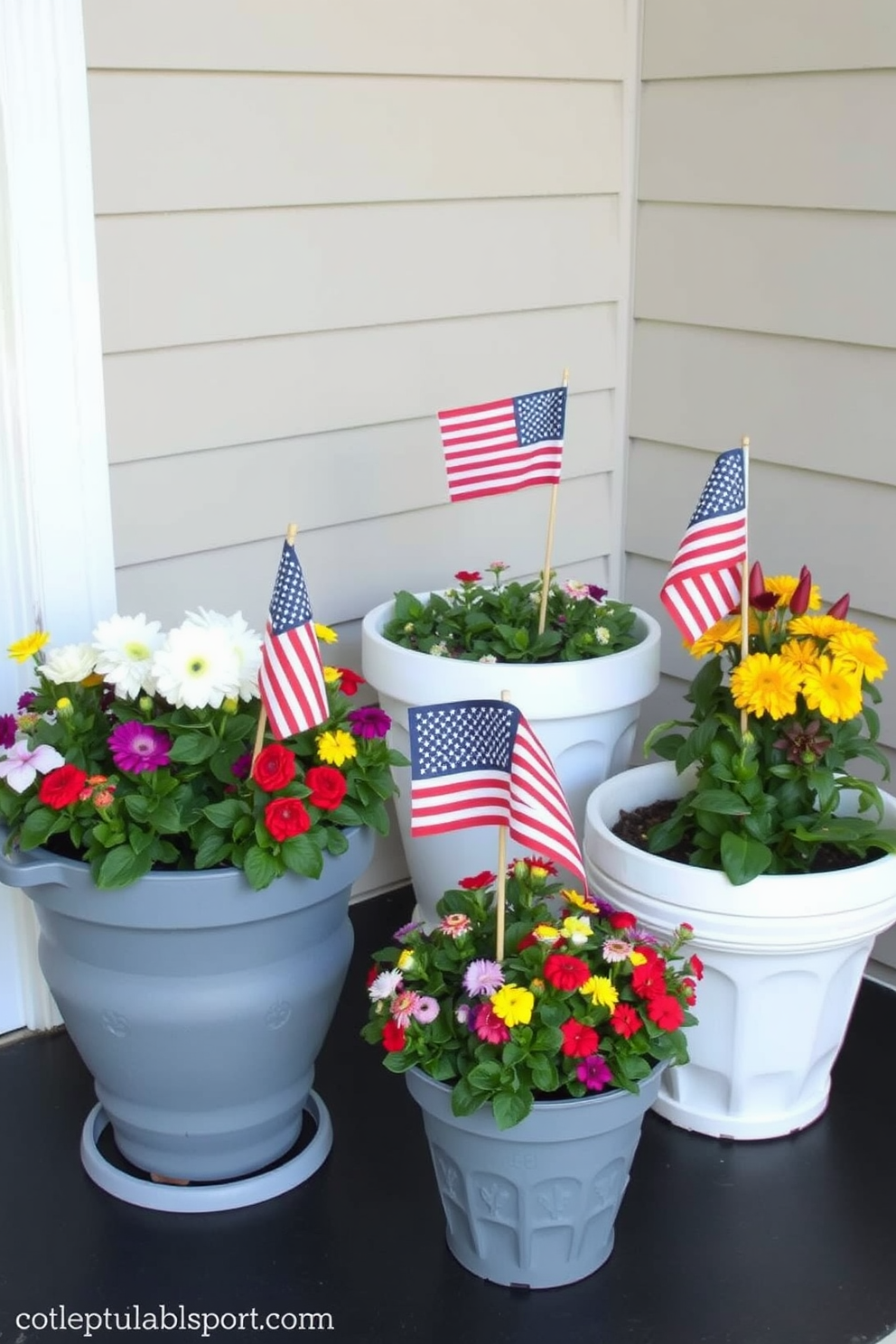 Create a charming entryway decorated for Memorial Day featuring miniature flags placed in various potted plants. The scene includes colorful flowers in the pots, with the flags adding a festive touch to the welcoming space.