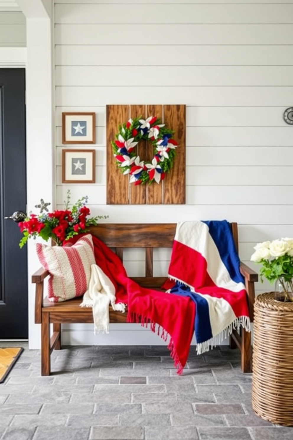 A welcoming entryway adorned with star-shaped decorative accents creates a festive atmosphere. The walls are painted in a soft blue hue, and a rustic wooden console table sits against one side, topped with a collection of star-themed decor items. A vibrant red and white striped runner leads up to the door, enhancing the patriotic theme. Potted plants flank the entryway, adding a touch of greenery and life to the space.