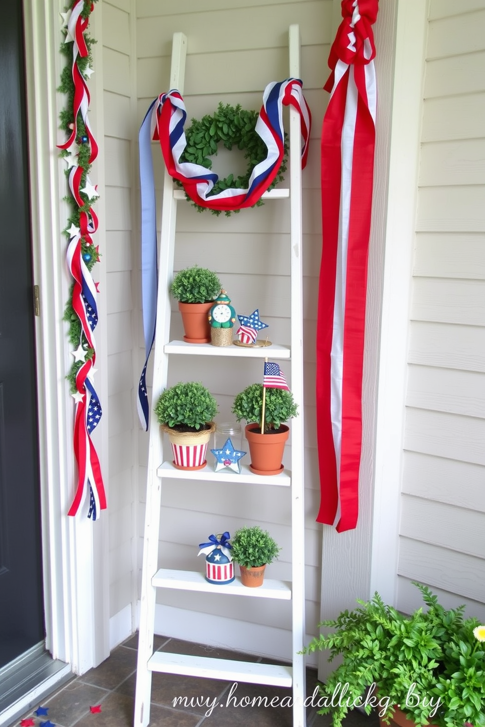 A decorative ladder is positioned against the wall in the entryway, adorned with red, white, and blue garlands and festive ribbons. Small potted plants and patriotic-themed ornaments are artfully arranged on the ladder steps, creating a welcoming atmosphere for Memorial Day.