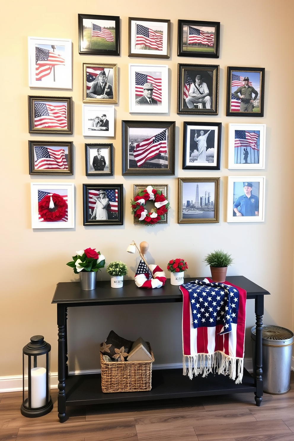 A patriotic themed photo gallery wall features an array of framed images showcasing American flags, military service members, and iconic national landmarks. The frames are arranged in a dynamic layout against a soft beige wall, creating a warm and inviting entryway. To enhance the Memorial Day spirit, decorative elements such as red, white, and blue wreaths and small potted plants are placed on a console table below the gallery. A vintage-style lantern and a patriotic throw blanket add cozy touches to the space, welcoming guests with a sense of pride and remembrance.