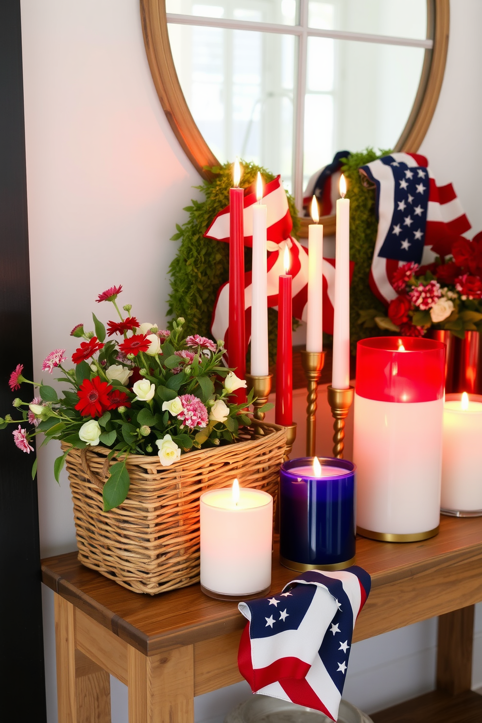 A festive entryway adorned for Memorial Day features an array of seasonal candles in vibrant red white and blue hues. The candles are arranged on a rustic wooden console table complemented by a woven basket filled with fresh flowers and greenery.